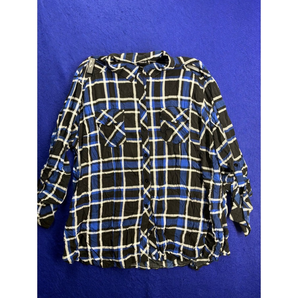 Grunge Womens Torrid Plaid Button Down Shirt 2X Blue Black White